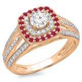 1.10 Carat (ctw) 14K Rose Gold Round Cut Ruby & White Diamond Ladies Split Shank Vintage Style Bridal Halo Engagement Ring 1 CT