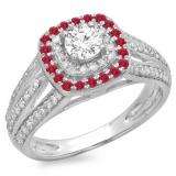 1.10 Carat (ctw) 18K White Gold Round Cut Ruby & White Diamond Ladies Split Shank Vintage Style Bridal Halo Engagement Ring 1 CT