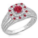 1.10 Carat (ctw) 10K White Gold Round Cut Ruby & White Diamond Ladies Split Shank Vintage Style Bridal Halo Engagement Ring 1 CT