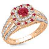 1.10 Carat (ctw) 18K Rose Gold Round Cut Ruby & White Diamond Ladies Split Shank Vintage Style Bridal Halo Engagement Ring 1 CT