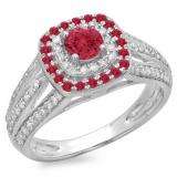 1.10 Carat (ctw) 14K White Gold Round Cut Ruby & White Diamond Ladies Split Shank Vintage Style Bridal Halo Engagement Ring 1 CT
