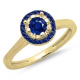 0.50 Carat (ctw) 14K Yellow Gold Round Blue Sapphire Ladies Bridal Halo Style Engagement Ring 1/2 CT