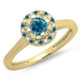 0.50 Carat (ctw) 18K Yellow Gold Round Blue & White Diamond Ladies Bridal Halo Style Engagement Ring 1/2 CT