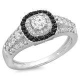 1.00 Carat (ctw) 10K White Gold Round Cut Black & White Diamond Ladies Vintage Style Bridal Halo Engagement Ring 1 CT