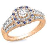 1.00 Carat (ctw) 18K Rose Gold Round Cut Blue Sapphire & White Diamond Ladies Vintage Style Bridal Halo Engagement Ring 1 CT
