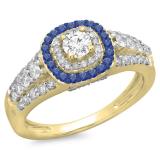 1.00 Carat (ctw) 18K Yellow Gold Round Cut Blue Sapphire & White Diamond Ladies Vintage Style Bridal Halo Engagement Ring 1 CT