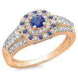 1.00 Carat (ctw) 10K Rose Gold Round Cut Blue Sapphire & White Diamond Ladies Vintage Style Bridal Halo Engagement Ring 1 CT
