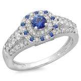 1.00 Carat (ctw) 14K White Gold Round Cut Blue Sapphire & White Diamond Ladies Vintage Style Bridal Halo Engagement Ring 1 CT