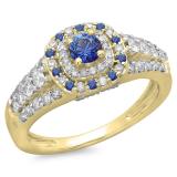 1.00 Carat (ctw) 14K Yellow Gold Round Cut Blue Sapphire & White Diamond Ladies Vintage Style Bridal Halo Engagement Ring 1 CT