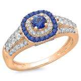 1.00 Carat (ctw) 14K Rose Gold Round Cut Blue Sapphire & White Diamond Ladies Vintage Style Bridal Halo Engagement Ring 1 CT