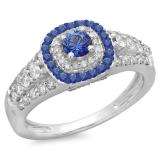 1.00 Carat (ctw) 14K White Gold Round Cut Blue Sapphire & White Diamond Ladies Vintage Style Bridal Halo Engagement Ring 1 CT