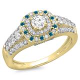 1.00 Carat (ctw) 10K Yellow Gold Round Cut Blue & White Diamond Ladies Vintage Style Bridal Halo Engagement Ring 1 CT