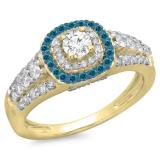 1.00 Carat (ctw) 14K Yellow Gold Round Cut Blue & White Diamond Ladies Vintage Style Bridal Halo Engagement Ring 1 CT