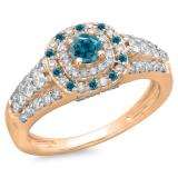 1.00 Carat (ctw) 14K Rose Gold Round Cut Blue & White Diamond Ladies Vintage Style Bridal Halo Engagement Ring 1 CT