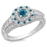 1.00 Carat (ctw) 18K White Gold Round Cut Blue & White Diamond Ladies Vintage Style Bridal Halo Engagement Ring 1 CT