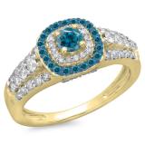 1.00 Carat (ctw) 18K Yellow Gold Round Cut Blue & White Diamond Ladies Vintage Style Bridal Halo Engagement Ring 1 CT