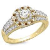 1.00 Carat (ctw) 10K Yellow Gold Round Cut Champagne & White Diamond Ladies Vintage Style Bridal Halo Engagement Ring 1 CT