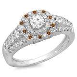 1.00 Carat (ctw) 18K White Gold Round Cut Champagne & White Diamond Ladies Vintage Style Bridal Halo Engagement Ring 1 CT