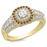 1.00 Carat (ctw) 10K Yellow Gold Round Cut Champagne & White Diamond Ladies Vintage Style Bridal Halo Engagement Ring 1 CT