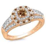 1.00 Carat (ctw) 10K Rose Gold Round Cut Champagne & White Diamond Ladies Vintage Style Bridal Halo Engagement Ring 1 CT