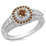1.00 Carat (ctw) 10K White Gold Round Cut Champagne & White Diamond Ladies Vintage Style Bridal Halo Engagement Ring 1 CT