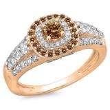 1.00 Carat (ctw) 14K Rose Gold Round Cut Champagne & White Diamond Ladies Vintage Style Bridal Halo Engagement Ring 1 CT