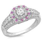 1.00 Carat (ctw) 10K White Gold Round Cut Pink Sapphire & White Diamond Ladies Vintage Style Bridal Halo Engagement Ring 1 CT