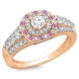 1.00 Carat (ctw) 14K Rose Gold Round Cut Pink Sapphire & White Diamond Ladies Vintage Style Bridal Halo Engagement Ring 1 CT