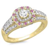 1.00 Carat (ctw) 14K Yellow Gold Round Cut Pink Sapphire & White Diamond Ladies Vintage Style Bridal Halo Engagement Ring 1 CT
