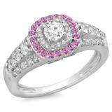 1.00 Carat (ctw) 18K White Gold Round Cut Pink Sapphire & White Diamond Ladies Vintage Style Bridal Halo Engagement Ring 1 CT