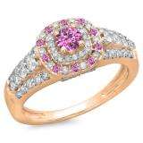 1.00 Carat (ctw) 10K Rose Gold Round Cut Pink Sapphire & White Diamond Ladies Vintage Style Bridal Halo Engagement Ring 1 CT
