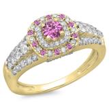 1.00 Carat (ctw) 10K Yellow Gold Round Cut Pink Sapphire & White Diamond Ladies Vintage Style Bridal Halo Engagement Ring 1 CT