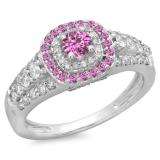 1.00 Carat (ctw) 14K White Gold Round Cut Pink Sapphire & White Diamond Ladies Vintage Style Bridal Halo Engagement Ring 1 CT