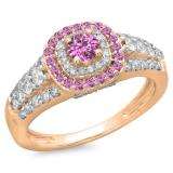 1.00 Carat (ctw) 18K Rose Gold Round Cut Pink Sapphire & White Diamond Ladies Vintage Style Bridal Halo Engagement Ring 1 CT