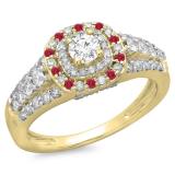 1.00 Carat (ctw) 10K Yellow Gold Round Cut Ruby & White Diamond Ladies Vintage Style Bridal Halo Engagement Ring 1 CT