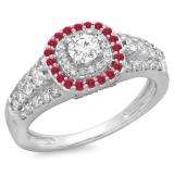 1.00 Carat (ctw) 14K White Gold Round Cut Ruby & White Diamond Ladies Vintage Style Bridal Halo Engagement Ring 1 CT