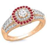 1.00 Carat (ctw) 18K Rose Gold Round Cut Ruby & White Diamond Ladies Vintage Style Bridal Halo Engagement Ring 1 CT