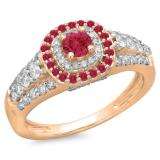 1.00 Carat (ctw) 10K Rose Gold Round Cut Ruby & White Diamond Ladies Vintage Style Bridal Halo Engagement Ring 1 CT