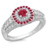 1.00 Carat (ctw) 10K White Gold Round Cut Ruby & White Diamond Ladies Vintage Style Bridal Halo Engagement Ring 1 CT