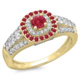 1.00 Carat (ctw) 18K Yellow Gold Round Cut Ruby & White Diamond Ladies Vintage Style Bridal Halo Engagement Ring 1 CT