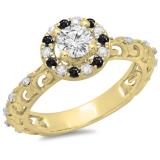 0.80 Carat (ctw) 18K Yellow Gold Round Cut Black & White Diamond Ladies Bridal Vintage Halo Style Engagement Ring 3/4 CT