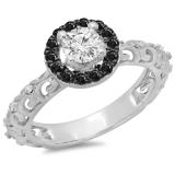 0.80 Carat (ctw) 14K White Gold Round Cut Black & White Diamond Ladies Bridal Vintage Halo Style Engagement Ring 3/4 CT