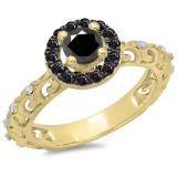 0.80 Carat (ctw) 14K Yellow Gold Round Cut Black & White Diamond Ladies Bridal Vintage Halo Style Engagement Ring 3/4 CT