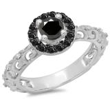 0.80 Carat (ctw) 18K White Gold Round Cut Black & White Diamond Ladies Bridal Vintage Halo Style Engagement Ring 3/4 CT