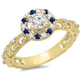 0.80 Carat (ctw) 14K Yellow Gold Round Cut Blue Sapphire & White Diamond Ladies Bridal Vintage Halo Style Engagement Ring 3/4 CT