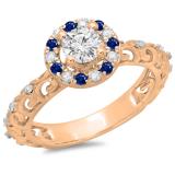 0.80 Carat (ctw) 18K Rose Gold Round Cut Blue Sapphire & White Diamond Ladies Bridal Vintage Halo Style Engagement Ring 3/4 CT