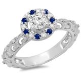0.80 Carat (ctw) 18K White Gold Round Cut Blue Sapphire & White Diamond Ladies Bridal Vintage Halo Style Engagement Ring 3/4 CT