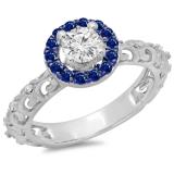 0.80 Carat (ctw) 10K White Gold Round Cut Blue Sapphire & White Diamond Ladies Bridal Vintage Halo Style Engagement Ring 3/4 CT