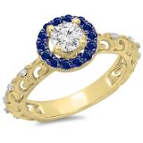 0.80 Carat (ctw) 10K Yellow Gold Round Cut Blue Sapphire & White Diamond Ladies Bridal Vintage Halo Style Engagement Ring 3/4 CT