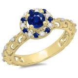 0.80 Carat (ctw) 18K Yellow Gold Round Cut Blue Sapphire & White Diamond Ladies Bridal Vintage Halo Style Engagement Ring 3/4 CT